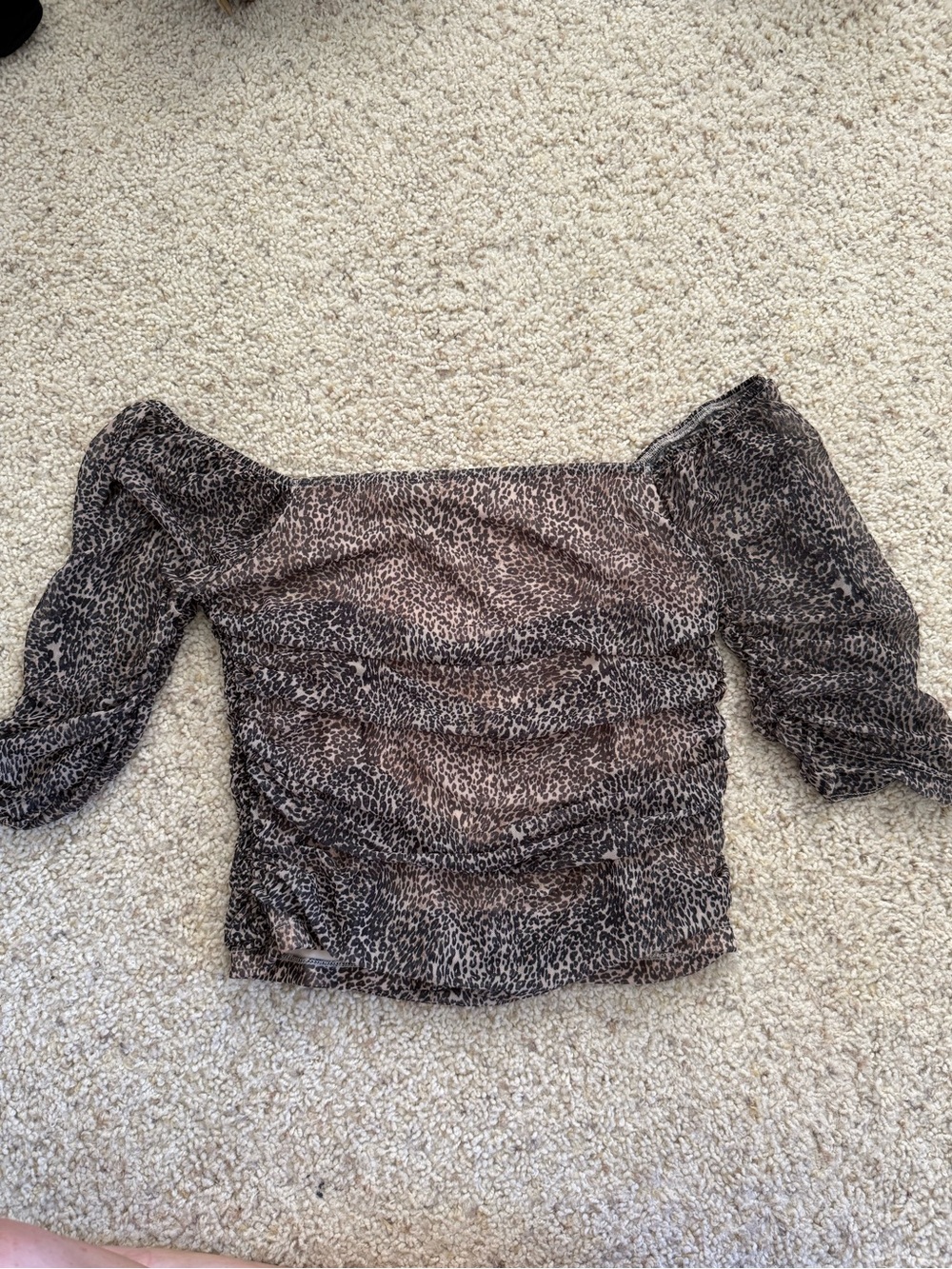 Anthropologie Sheer Ruched Leopard-Print Off-Shoulder Top - Brown & Black